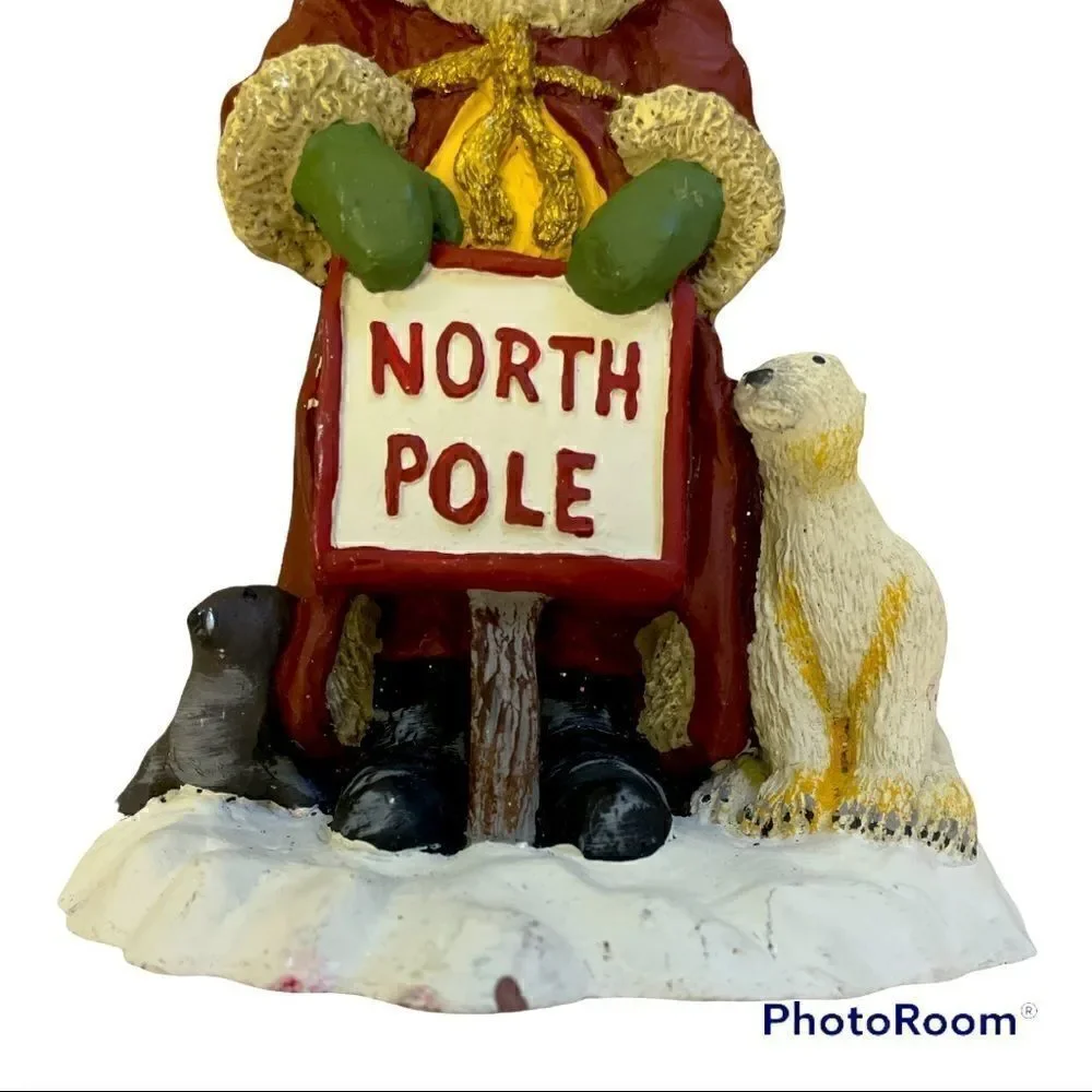Vintage Hand painted and signed Santa & Polar bear, Bill Davis 1997 Pecan Resin